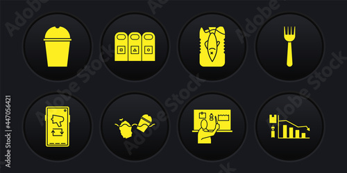 Set Megaphone on mobile, Disposable plastic fork, Problem pollution of the ocean, Stop, Trash in garbage cans sorted, Ecology infographic and Paper glass water icon. Vector