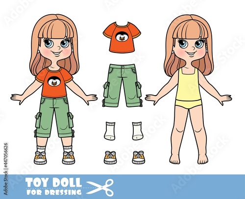 Cartoon girl with long straight hair in underwear, dressed and clothes separately - t-shirt with a penguin, khaki breeches and sneakers doll for dressing