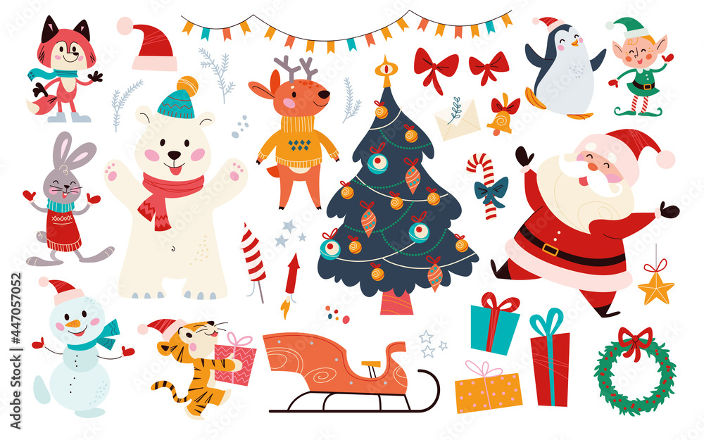Big set of Christmas decor elements and characters isolated. Santa Claus, elf, bear, gifts, sleigh, fir tree etc. Vector flat cartoon illustration. For Xmas card, banner, print, pattern, packaging. Big set of Christmas decor elements and characters isolated. Santa Claus, elf, bear, gifts, sleigh, fir tree etc. Vector flat cartoon illustration. For Xmas card, banner, print, pattern, packaging.