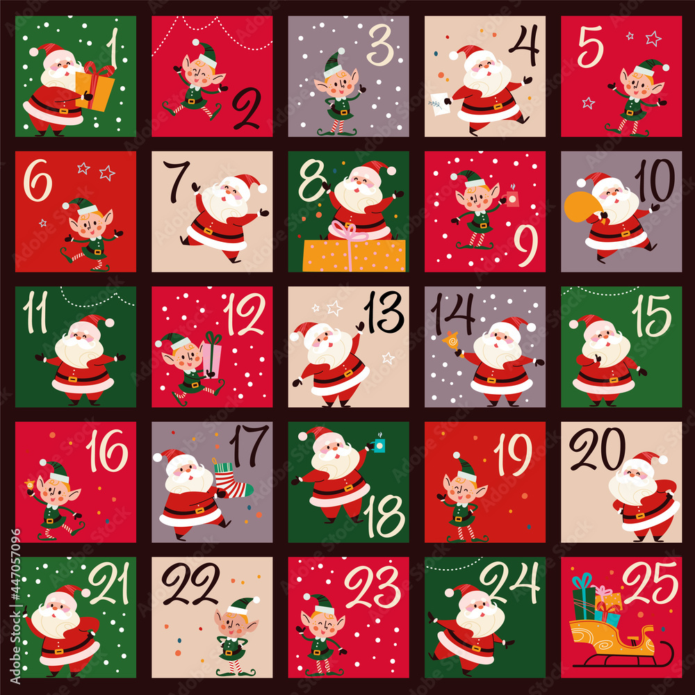 Christmas december advent calendar with numbered parts and cute winter Santa Claus and xmas elf characters for cut down. Vector flat cartoon illustration. Christmas december advent calendar with numbered parts and cute winter Santa Claus and xmas elf characters for cut down. Vector flat cartoon illustration.