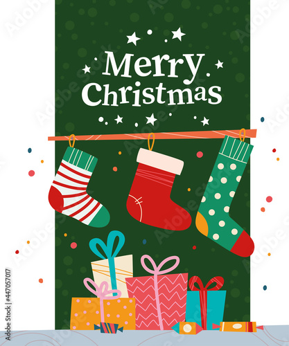 Christmas banner with pile of gift boxes, candy, Christmas stockings and text Merry Christmas greeting on green background. Vector flat illustration. For cards, packaging, web, invitation.