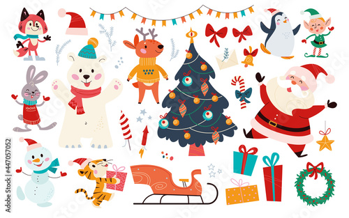 Big set of Christmas decor elements and characters isolated. Santa Claus, elf, bear, gifts, sleigh, fir tree etc. Vector flat cartoon illustration. For Xmas card, banner, print, pattern, packaging. © artflare