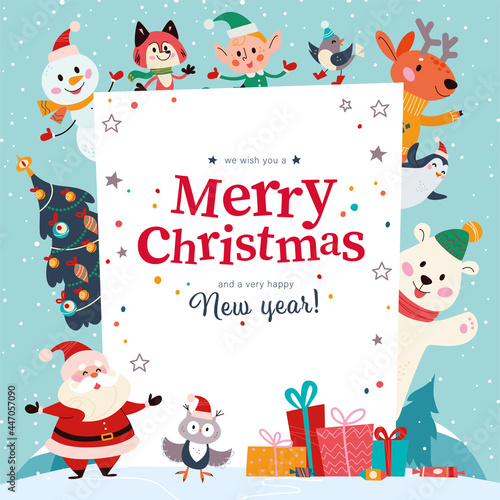 Winter holiday illustration with cute animals, Santa Claus, elf character, fir tree, text congratulation at snowy mountain landscape. Vector cartoon flat banner. For card, package, banner, invitation.