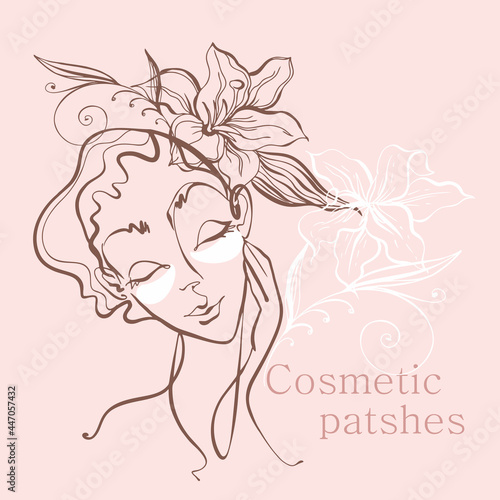 Line art. The girl's face is drawn with one line. Patches for the face. Cosmetology logo. Beauty salon. Vector