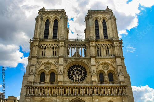 Old facade of Notre Dame Cathedral in Paris before the fire.