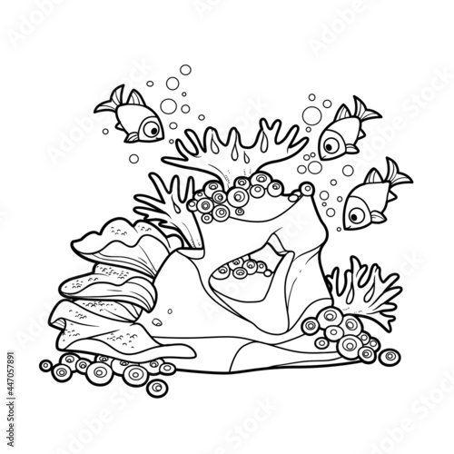 Coral reef inhabitants fish around sponges and corals growing on rocks coloring book linear drawing isolated on white background