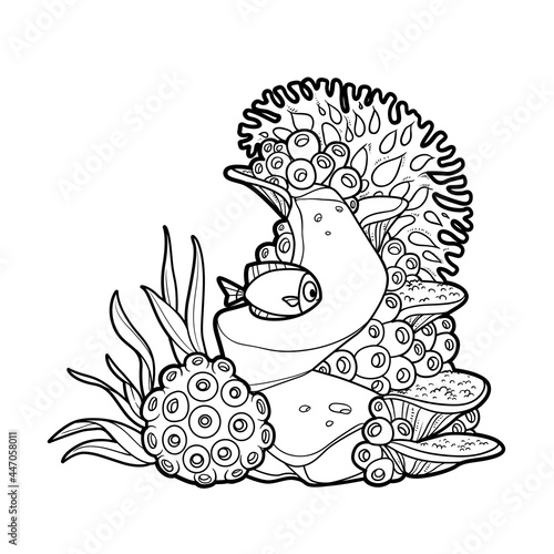 Coral reef inhabitants corals, sponges and fish object coloring book linear drawing isolated on white background