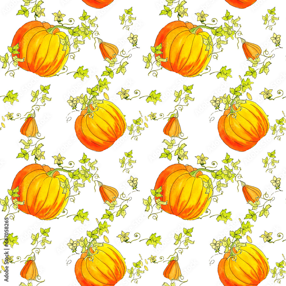 Watercolor, Seamless, paper, pattern, Pumpkins, orange autumn pumpkin fruits.The background is seamless paper.