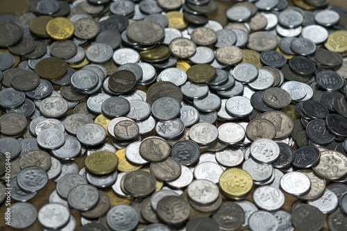 Money background. Coins background. Malaysia ringgit currency of various denomination cents on the table. Top view, high angle view. 