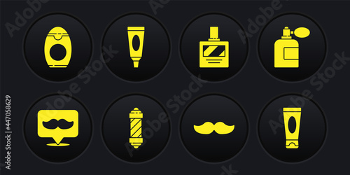 Set Barbershop, Aftershave bottle with atomizer, Classic pole, Mustache, Cream or lotion cosmetic tube, and Bottle of shampoo icon. Vector