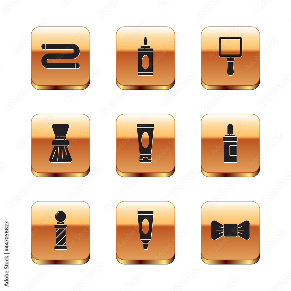 Set Towel, Classic Barber shop pole, Cream or lotion cosmetic tube, Shaving brush, Hand mirror, Bow tie and Bottle of shampoo icon. Vector Set Towel, Classic Barber shop pole, Cream or lotion cosmetic tube, Shaving brush, Hand mirror, Bow tie and Bottle of shampoo icon. Vector