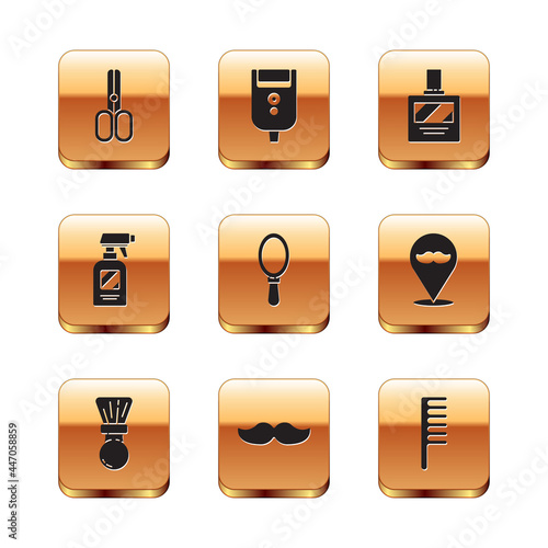 Free Download Set Scissors hairdresser, Shaving brush, Mustache, Hand mirror, Hairdresser pistol spray bottle, Aftershave, Hairbrush and Electric razor blade for men icon. Vector - GFXLoad