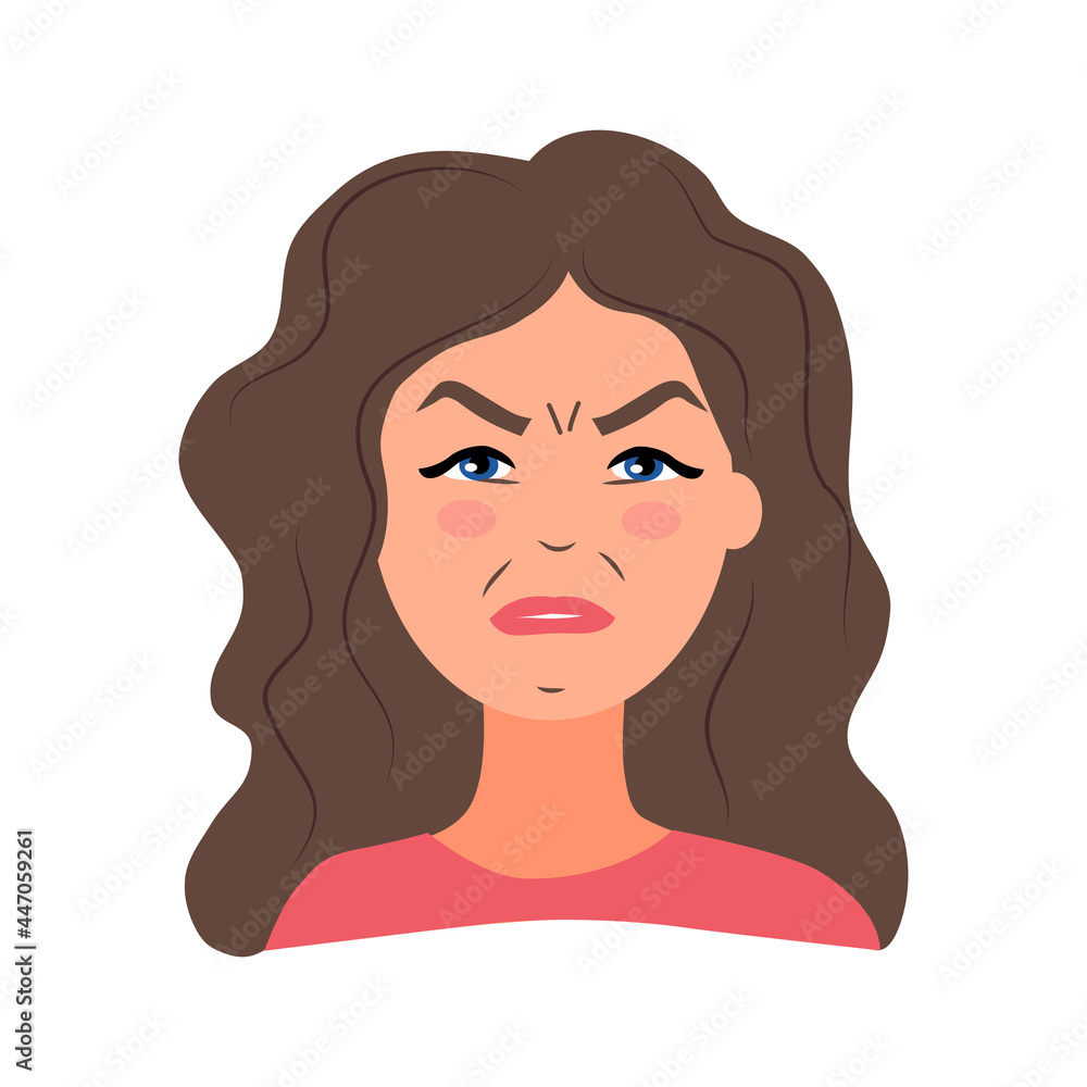 Disgust. A young dissatisfied girl in a flat style. Avatar is a brunette girl. Vector illustration Disgust. A young dissatisfied girl in a flat style. Avatar is a brunette girl. Vector illustration