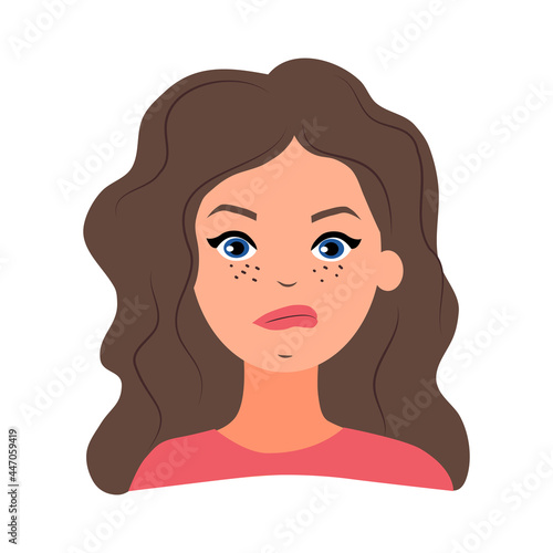  Arrogant young woman in a flat style. A disgruntled brunette girl. Emotion. Vector illustration