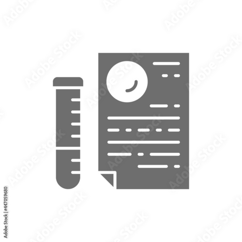 Medical glass tube with document, dna tests, paternity test result grey icon.