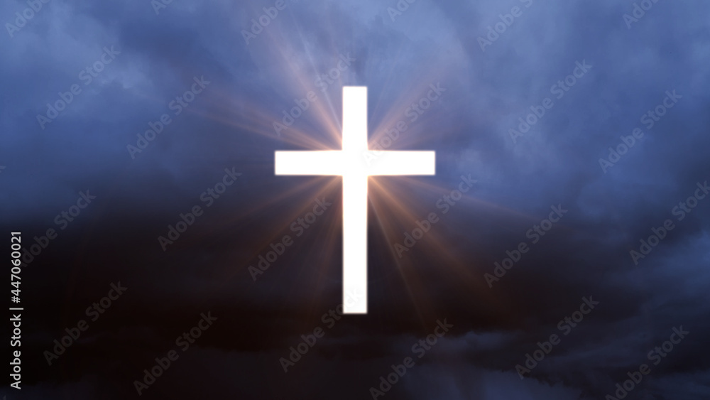 glowing holy cross symbol on cloudy sky background , conceptual abstract 3D rendering
