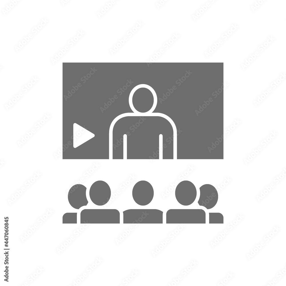 People watch a video presentation, cinema grey icon. People watch a video presentation, cinema grey icon.