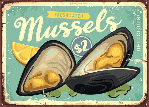 Mussels with lemon and parsley graphic ad for seafood restaurant. Vintage sign with freshly caught  oysters and mussels. Food vector illustration. 