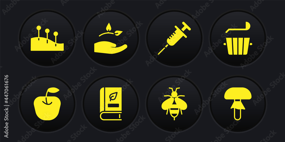 Set Apple, Sauna bucket and ladle, Medical book, Bee, Syringe, Leaf hand, Mushroom and Acupuncture therapy icon. Vector Set Apple, Sauna bucket and ladle, Medical book, Bee, Syringe, Leaf hand, Mushroom and Acupuncture therapy icon. Vector