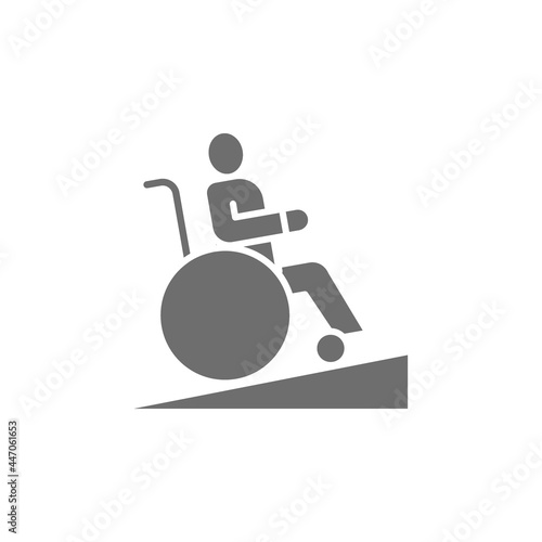 Man in wheelchair, wheelchair ramp, people with mobility problems grey icon.