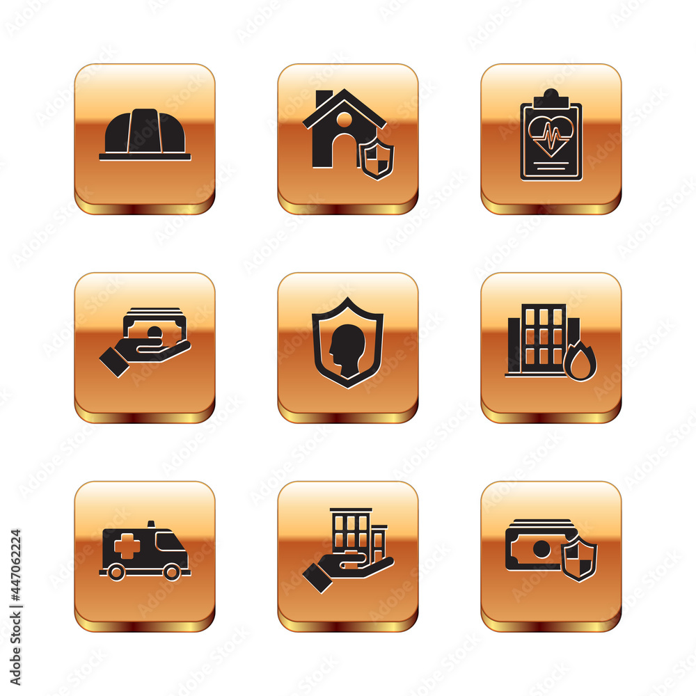 Set Worker safety helmet, Emergency car, House insurance, Life with shield, Stacks paper money cash, Health, Money and icon. Vector Set Worker safety helmet, Emergency car, House insurance, Life with shield, Stacks paper money cash, Health, Money and icon. Vector