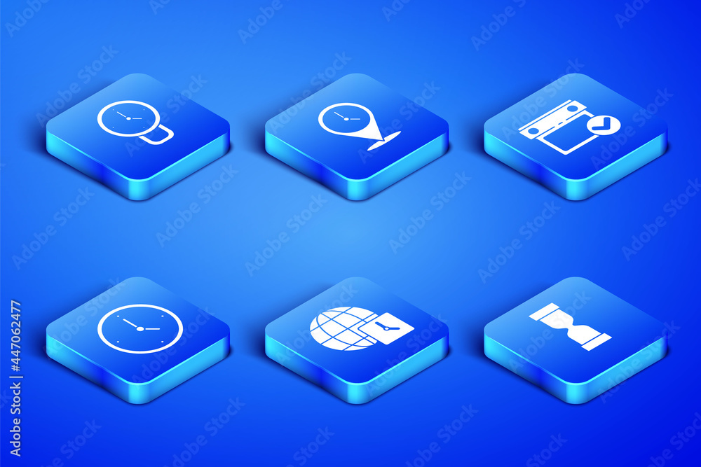 Set Old hourglass, Clock, World time, Location with clock and Calendar check mark icon. Vector Set Old hourglass, Clock, World time, Location with clock and Calendar check mark icon. Vector