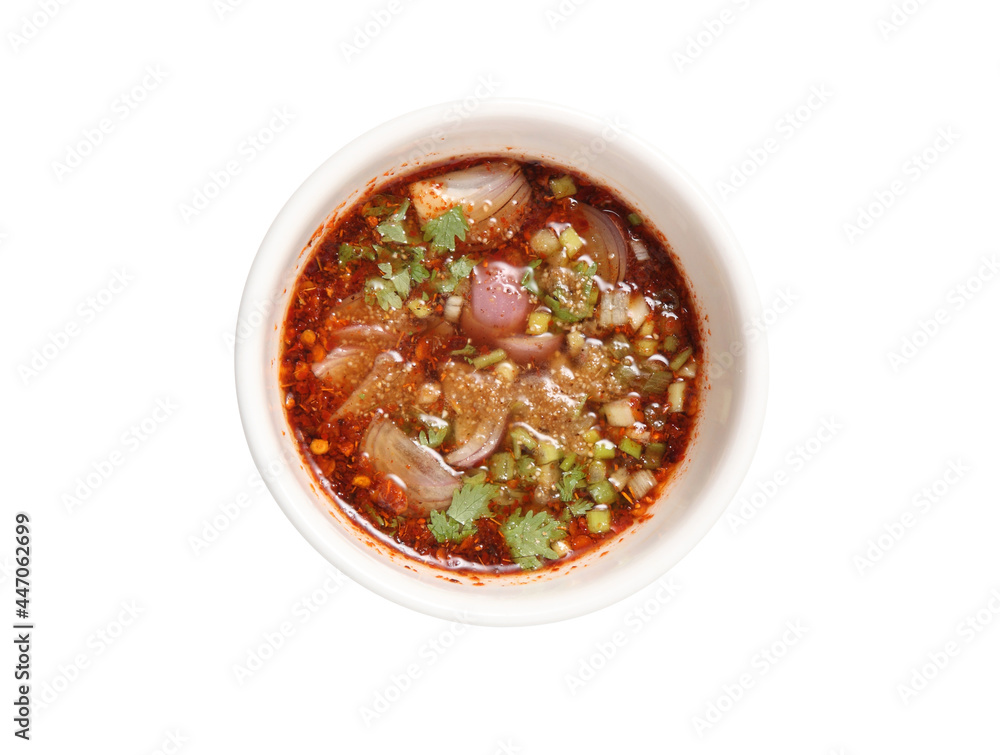 Thai dipping spicy sauce for barbecue (chicken,beef,pork) on white background Thai dipping spicy sauce for barbecue (chicken,beef,pork) on white background