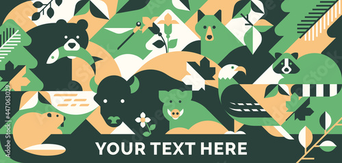 Animal abstract vector background. Geometric forest pattern for forest day print, greeting card, banner.