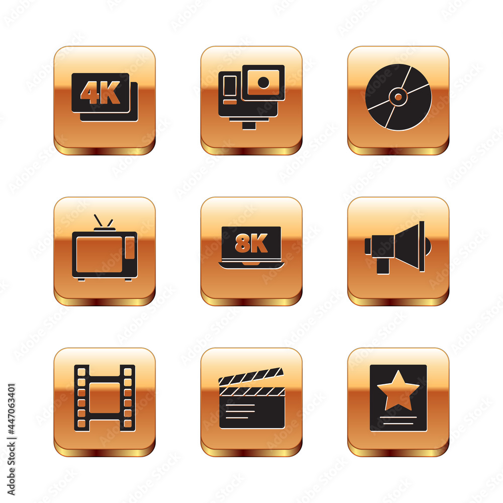 Set 4k Ultra HD, Play Video, Movie clapper, Laptop with 8k, Retro tv, CD or DVD disk, Hollywood walk of fame star and Action extreme camera icon. Vector Set 4k Ultra HD, Play Video, Movie clapper, Laptop with 8k, Retro tv, CD or DVD disk, Hollywood walk of fame star and Action extreme camera icon. Vector