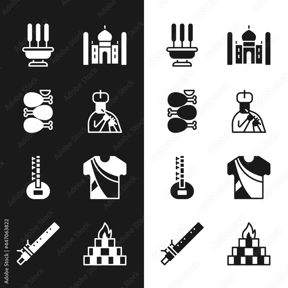 Set Indian man plays flute, Tandoori chicken, Incense sticks, Taj Mahal