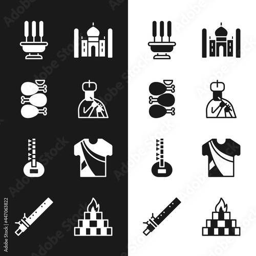 Set Indian man plays flute, Tandoori chicken, Incense sticks, Taj Mahal, Sitar, dress, Yagna and Bamboo indian icon. Vector