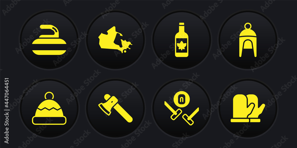 Set Beanie hat, Winter, Wooden axe, Curling sport game, Beer bottle, Canada map, Christmas mitten and Stone for curling icon. Vector Set Beanie hat, Winter, Wooden axe, Curling sport game, Beer bottle, Canada map, Christmas mitten and Stone for curling icon. Vector