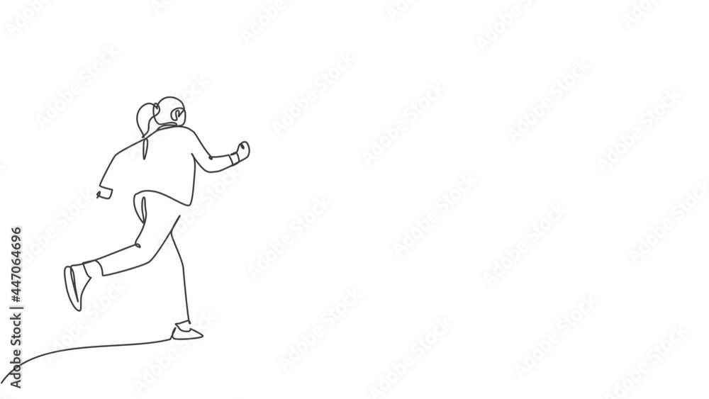 Animated self drawing of continuous line draw young happy energetic businesswoman doing running exercise to reach finish line, from rear view. Business race concept. Full length single line animation. Animated self drawing of continuous line draw young happy energetic businesswoman doing running exercise to reach finish line, from rear view. Business race concept. Full length single line animation.