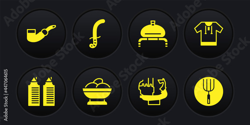 Set Two towers in Dnipro, Embroidered shirt, Varenyky a bowl, Monument founders of Kiev, Bread and salt, Medieval sword, Garden pitchfork and Smoking pipe icon. Vector