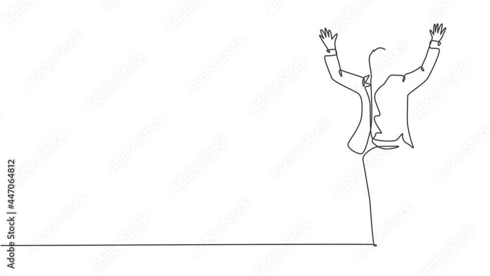 Animated self drawing of one continuous single line draw young happy businessman pointing his finger to air after running cross finish line. Business race concept. Full length single line animation. Animated self drawing of one continuous single line draw young happy businessman pointing his finger to air after running cross finish line. Business race concept. Full length single line animation.
