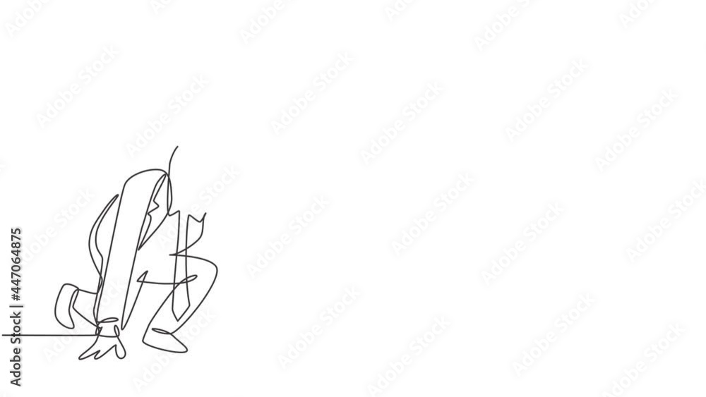 Animated self drawing of continuous line draw young happy businessman get ready to sprint run on running track, from front view. Business race competition concept. Full length one line animation Animated self drawing of continuous line draw young happy businessman get ready to sprint run on running track, from front view. Business race competition concept. Full length one line animation
