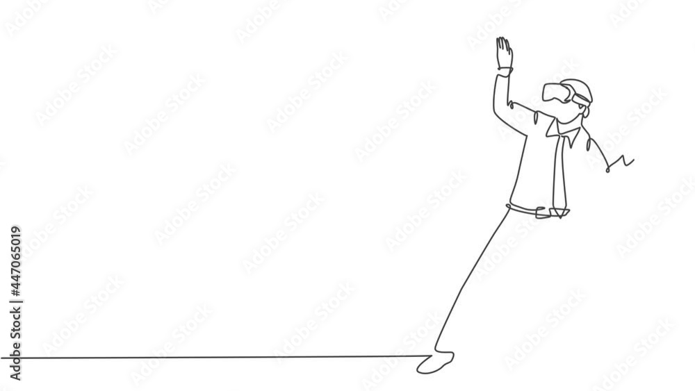 Animated self drawing of continuous line draw young happy male manager avoids trap while playing simulation game wearing goggles. Virtual reality game player concept. Full length one line animation. Animated self drawing of continuous line draw young happy male manager avoids trap while playing simulation game wearing goggles. Virtual reality game player concept. Full length one line animation.