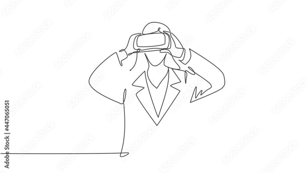 Self drawing animation of single line draw female doctor looking digital visual data using virtual reality goggles. Smart technology game player concept continuous line draw. Full length animated. Self drawing animation of single line draw female doctor looking digital visual data using virtual reality goggles. Smart technology game player concept continuous line draw. Full length animated.