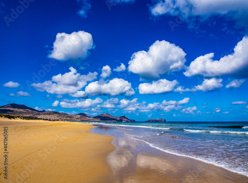 Sand beach and blue sky on Porto Santo island photo