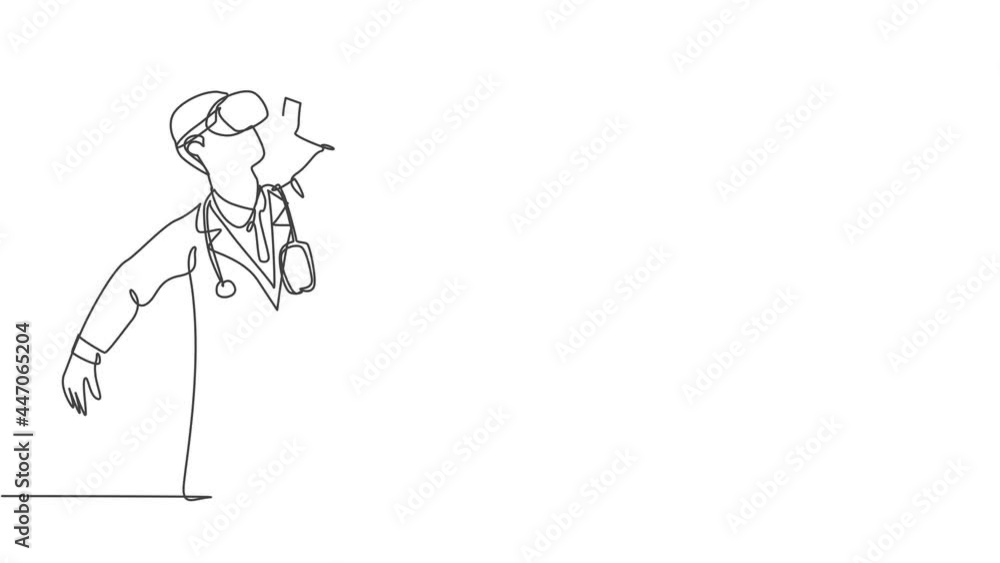 Animation of one line drawing of young gamer male doctor playing virtual reality at office. Smart technology futuristic game player concept. Continuous line self drawing animated. Full length motion. Animation of one line drawing of young gamer male doctor playing virtual reality at office. Smart technology futuristic game player concept. Continuous line self drawing animated. Full length motion.