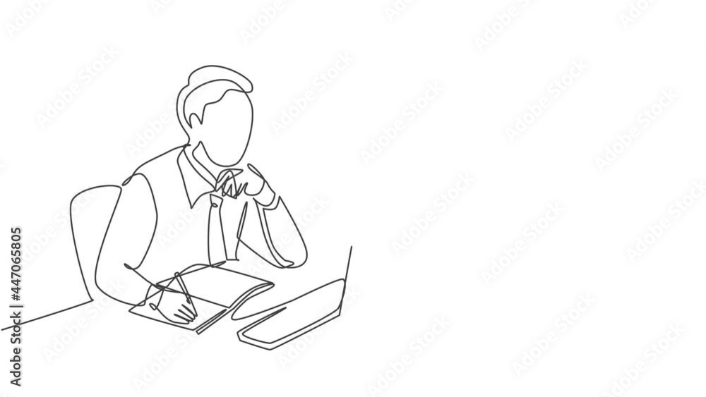 Animation of one line drawing of pensive businessman sitting, watching computer screen to analyze data company. Business analysis writing concept continuous line self draw animated. Full length motion Animation of one line drawing of pensive businessman sitting, watching computer screen to analyze data company. Business analysis writing concept continuous line self draw animated. Full length motion