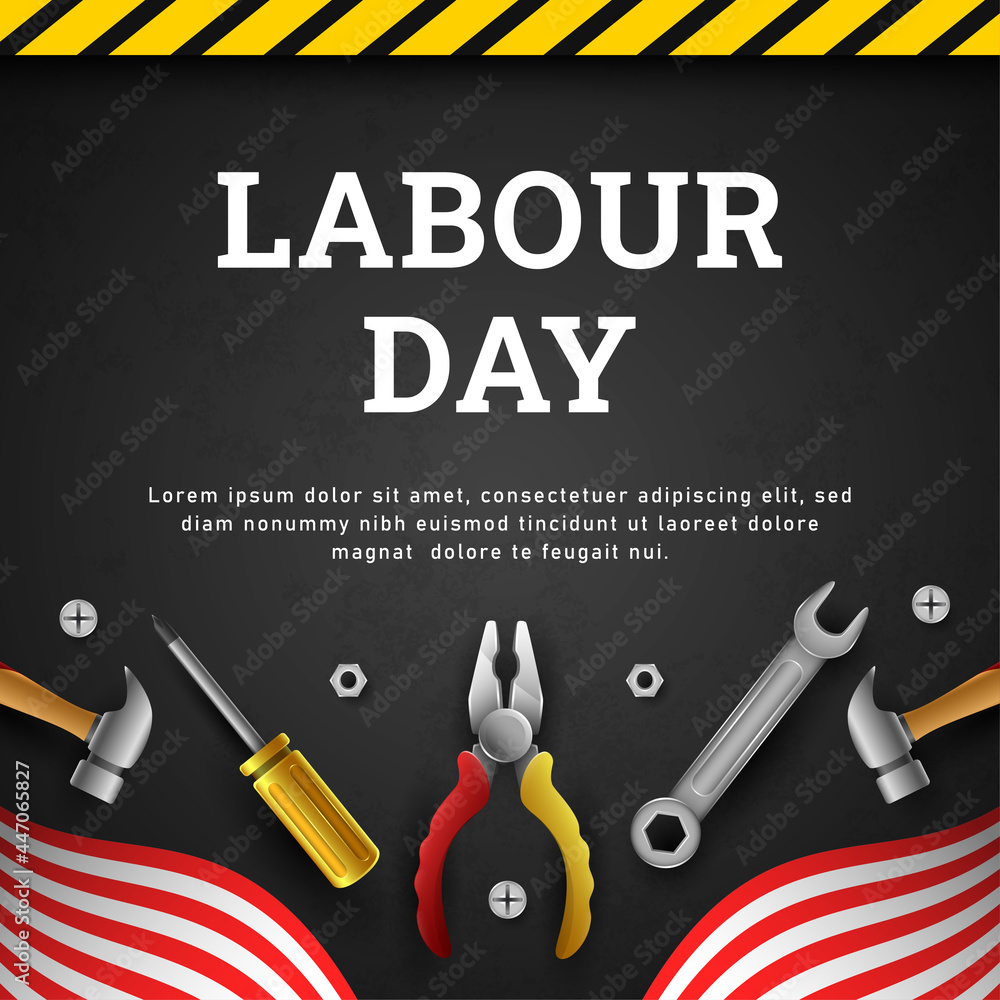 Naklejka premium Happy Labour Day Background with Yellow Stripe and Tools