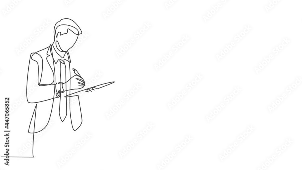 Animation of one line drawing of male worker standing while write business lesson from mentor on paper at clipboard. Business workshop concept. Continuous line self draw animated. Full length motion. Animation of one line drawing of male worker standing while write business lesson from mentor on paper at clipboard. Business workshop concept. Continuous line self draw animated. Full length motion.