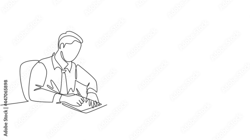 Animated self drawing of one continuous line draw young pensive businessman writing on sheet of paper, staring monitor screen at work desk. Business letter concept. Full length single line animation. Animated self drawing of one continuous line draw young pensive businessman writing on sheet of paper, staring monitor screen at work desk. Business letter concept. Full length single line animation.