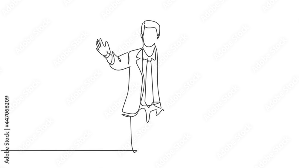 Animated self drawing of single continuous line draw happy young male worker give supporting hug gesture to his office friend. Welcoming friend support concept. Full length one line animation. Animated self drawing of single continuous line draw happy young male worker give supporting hug gesture to his office friend. Welcoming friend support concept. Full length one line animation.