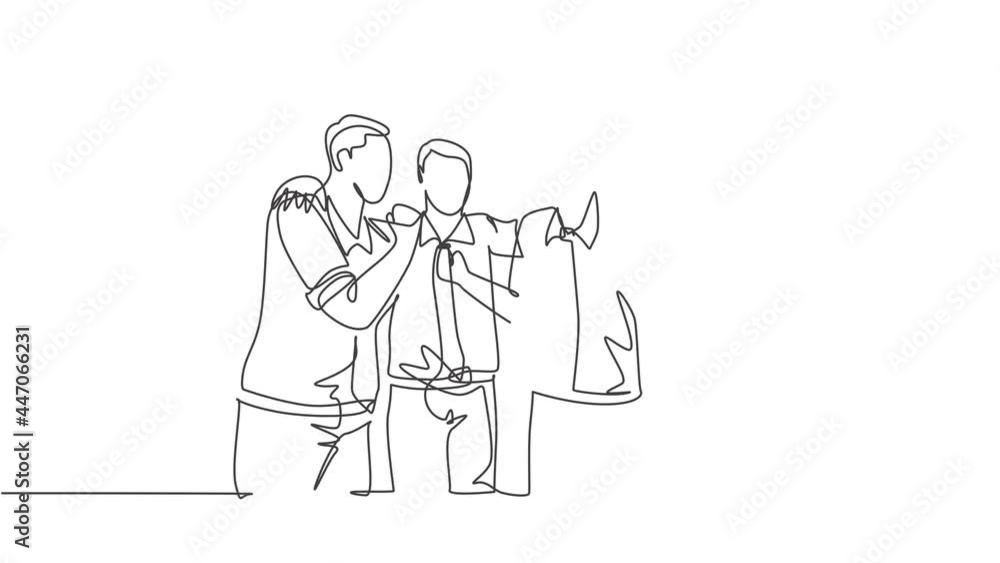 Animated self drawing of single continuous line draw happy male team member cheering together hugging each other to celebrate their success. Business team concept. Full length one line animation. Animated self drawing of single continuous line draw happy male team member cheering together hugging each other to celebrate their success. Business team concept. Full length one line animation.