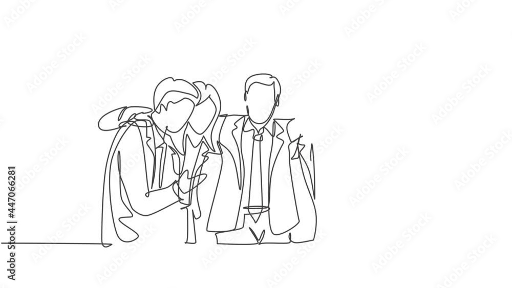 Animated self drawing of one continuous line draw male female business people posing hugging each other to celebrate their success. Business goal achievement concept. Full length single line animation Animated self drawing of one continuous line draw male female business people posing hugging each other to celebrate their success. Business goal achievement concept. Full length single line animation