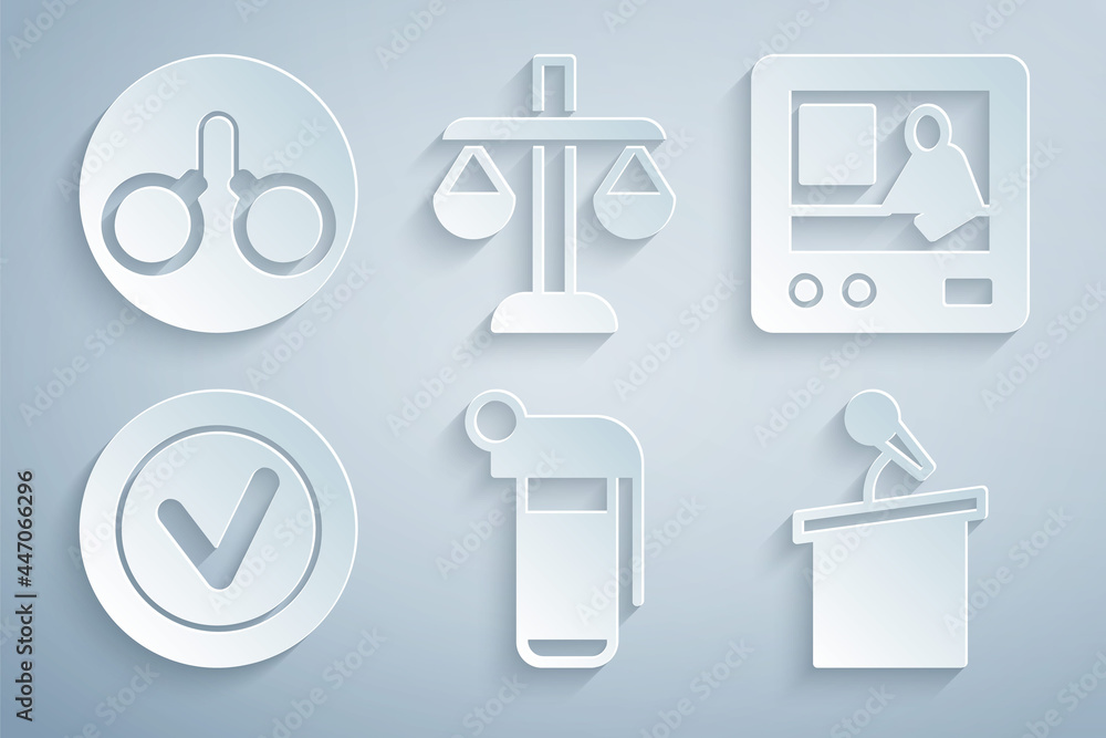 Set Hand grenade, Television report, Check mark in round, Stage stand tribune, Scales of justice and Handcuffs icon. Vector Set Hand grenade, Television report, Check mark in round, Stage stand tribune, Scales of justice and Handcuffs icon. Vector