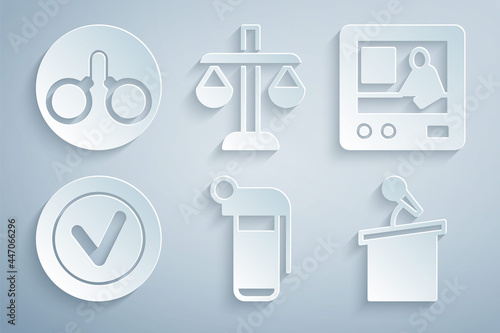 Set Hand grenade, Television report, Check mark in round, Stage stand tribune, Scales of justice and Handcuffs icon. Vector