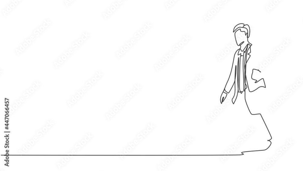 Self drawing animation of single line draw male manager walking relax on city street to go to office while holding document. Urban commuter worker concept continuous line draw. Full length animated. Self drawing animation of single line draw male manager walking relax on city street to go to office while holding document. Urban commuter worker concept continuous line draw. Full length animated.